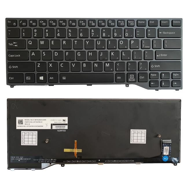 Fujitsu U7410, U747, U748, U749, E548, E448, 7U14A1, 7U14A2, gray backlit US keyboard - main product image