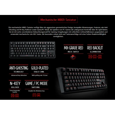 Asus M801 Red axis 87 Keys Real RGB Mechanical German DE keyboard 0K001-00310000