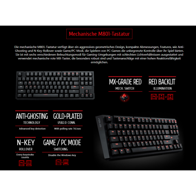 Asus M801 Red axis 87 Keys Real RGB Mechanical German DE keyboard 0K001-00310000 - main product image
