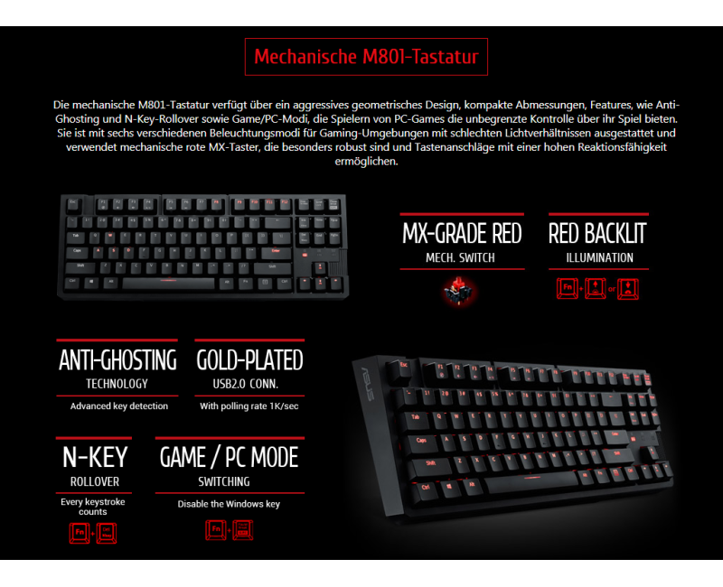 ASUS M801 Red axis 87 Keys Real RGB Mechanical German DE keyboard 0K001-00310000 - additional view 