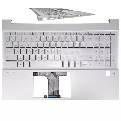 HP Pavilion 15-EG, 15-EH, TPN-Q245, TPN-Q246, 2021 backlit US keyboard palmrest silver fingerprint hole SD